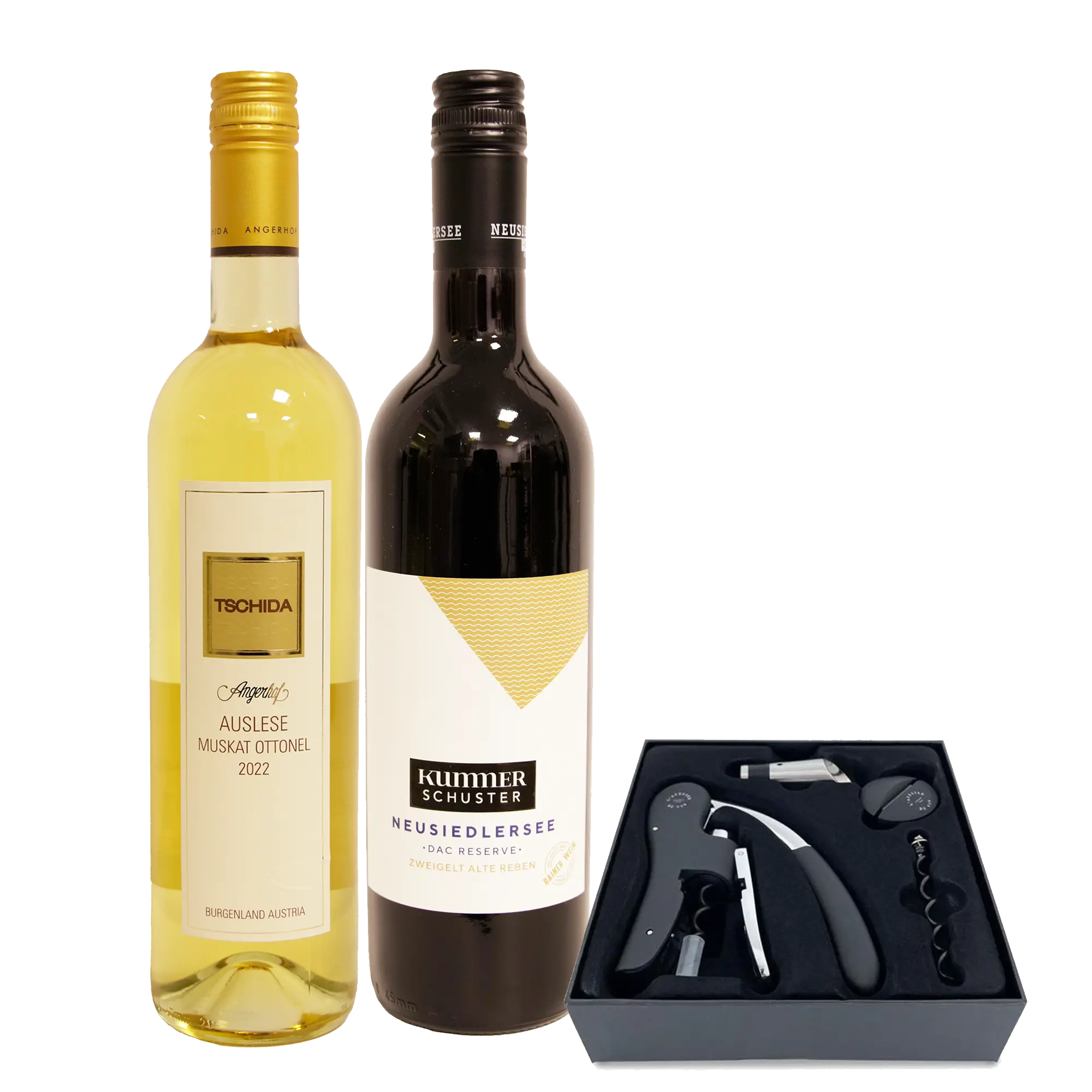 Genusspaket: 2 edle Weine + Sommelier-Set